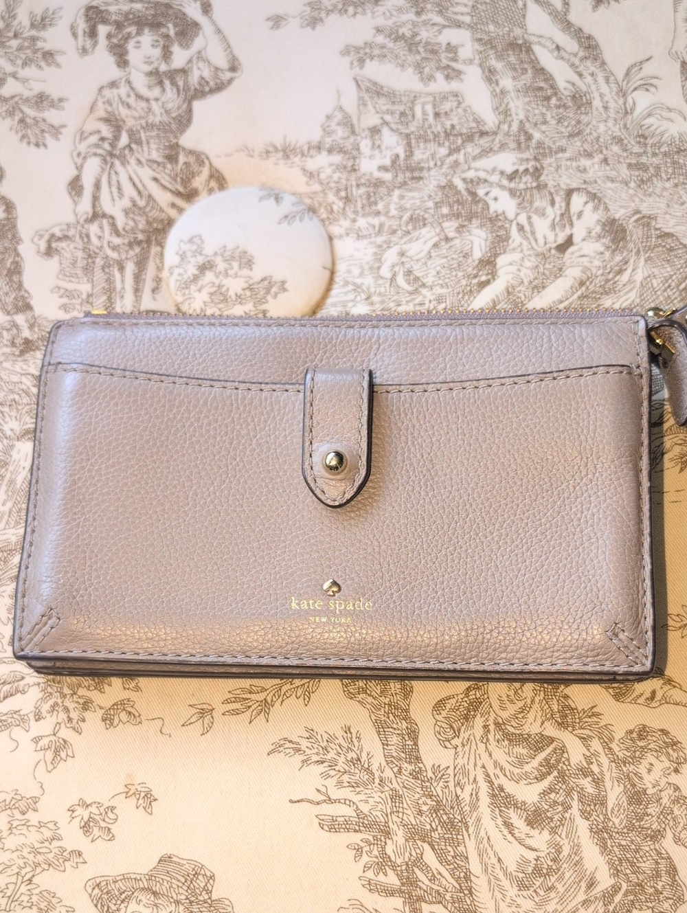 kate spade Pebbled Leather Wallet in Light Taupe with Gold Accents